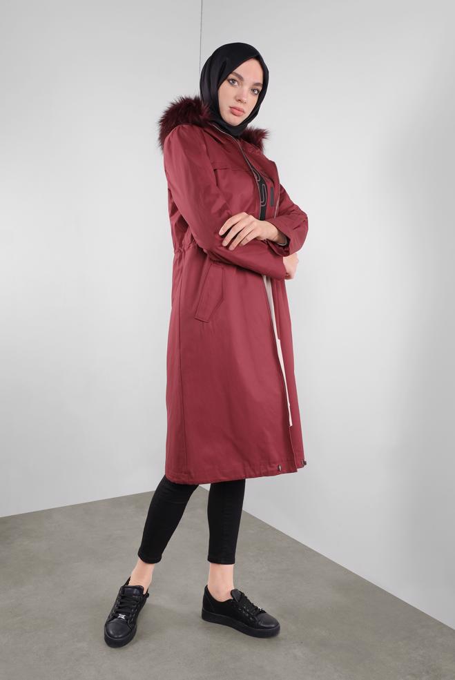 Femelle ROUGE BORDEAUX PARKA À TAILLE À SMOCKS À CAPUCHE 90138 