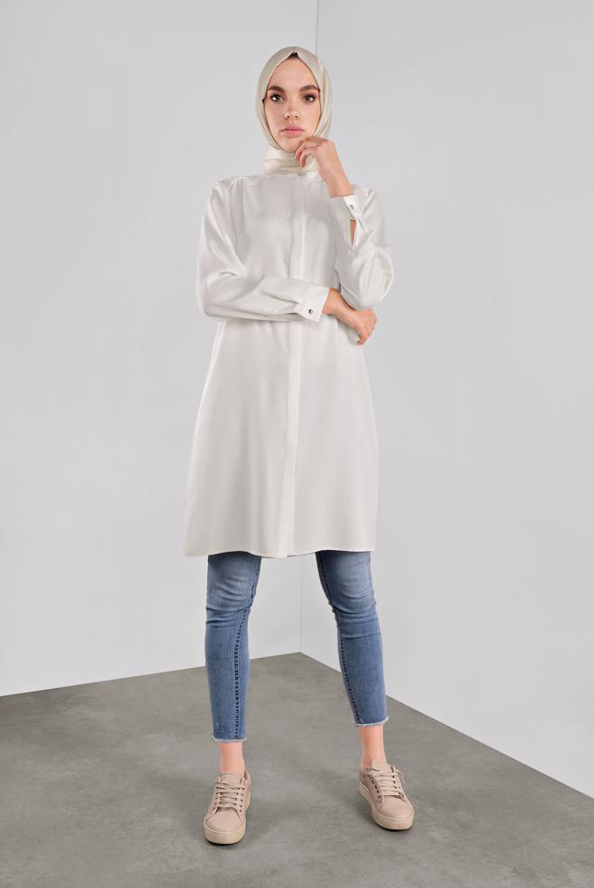 Female white HIDDEN BUTTONED EMBROIDERED TUNIC 41165 
