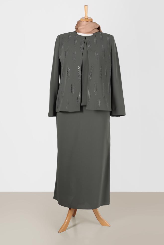Female khaki GEM DETAIL 3-PIECE SKIRTED SUIT 30050 