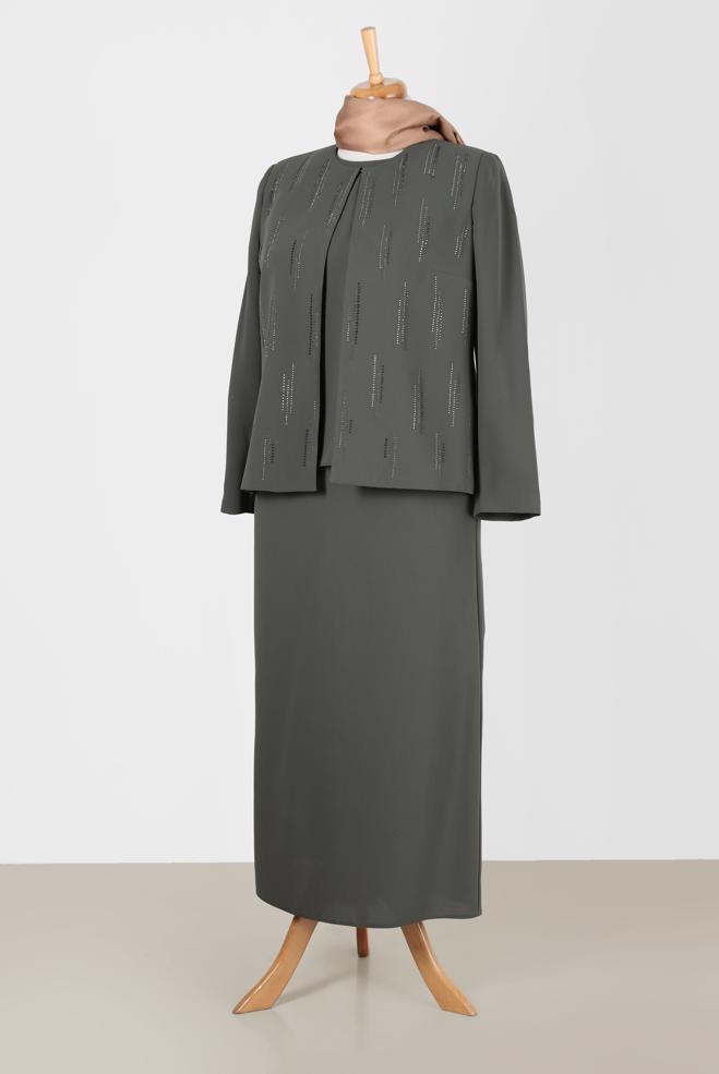 Female khaki GEM DETAIL 3-PIECE SKIRTED SUIT 30050 