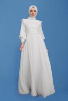 Female white BALLOON SLEEVE BELTED CHIFFON EVENING DRESS 50110 