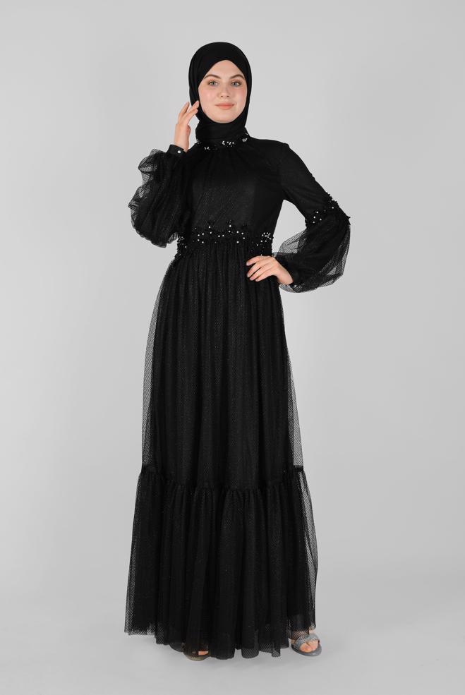 Female black LACE BALLOON SLEEVE EVENING DRESS 50118 