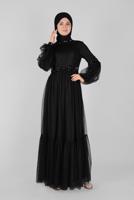 Female black LACE BALLOON SLEEVE EVENING DRESS 50118 