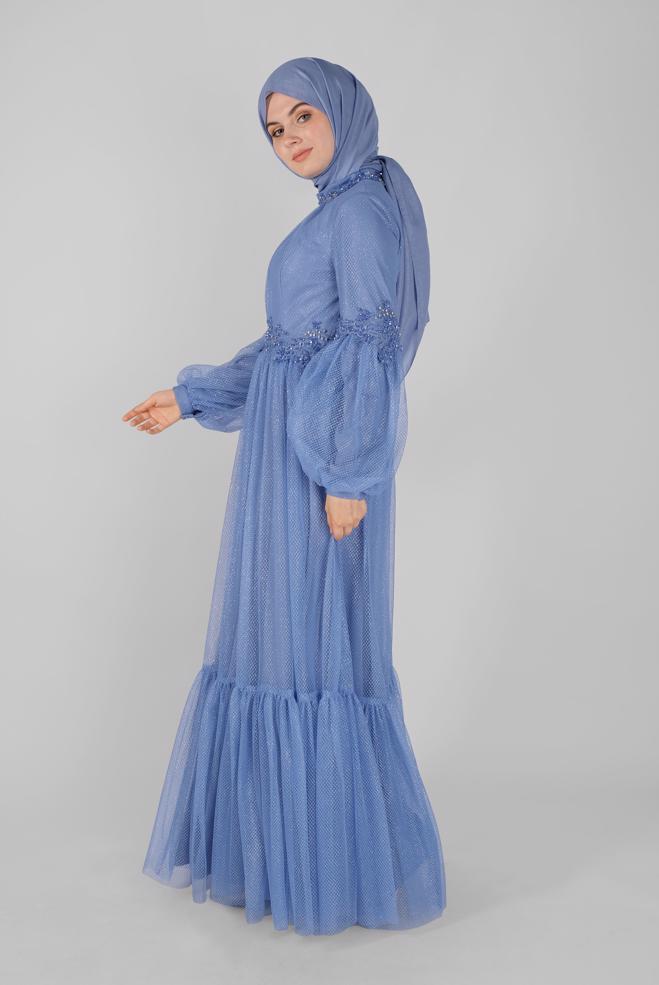 Female blue LACE BALLOON SLEEVE EVENING DRESS 50118 