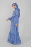 Female blue LACE BALLOON SLEEVE EVENING DRESS 50118 