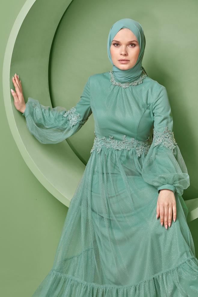 Female green LACE BALLOON SLEEVE EVENING DRESS 50118 