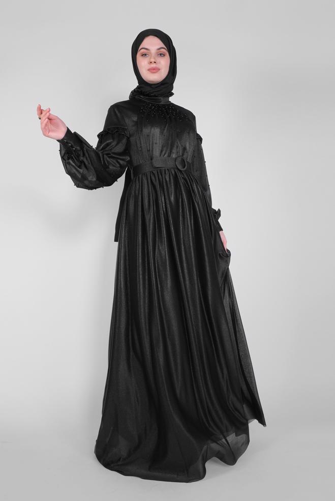 Female black PEARL DETAIL RUFFLED EVENING DRESS 50122 