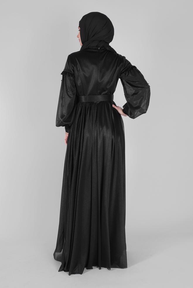 Female black PEARL DETAIL RUFFLED EVENING DRESS 50122 