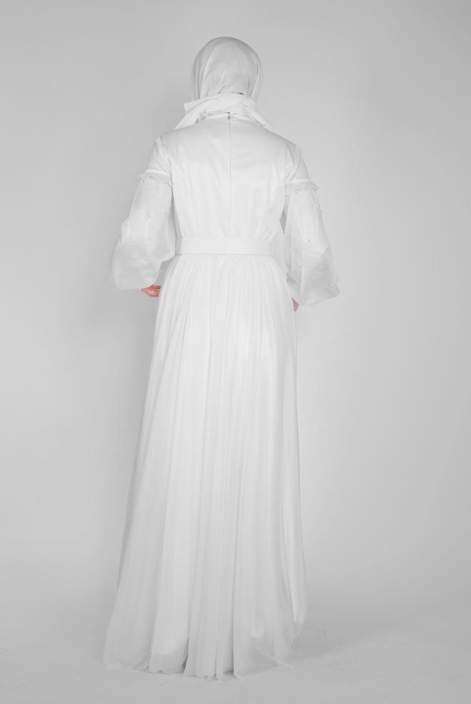 Female white PEARL DETAIL RUFFLED EVENING DRESS 50122 