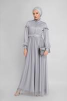 Female Grey PEARL DETAIL RUFFLED EVENING DRESS 50122 