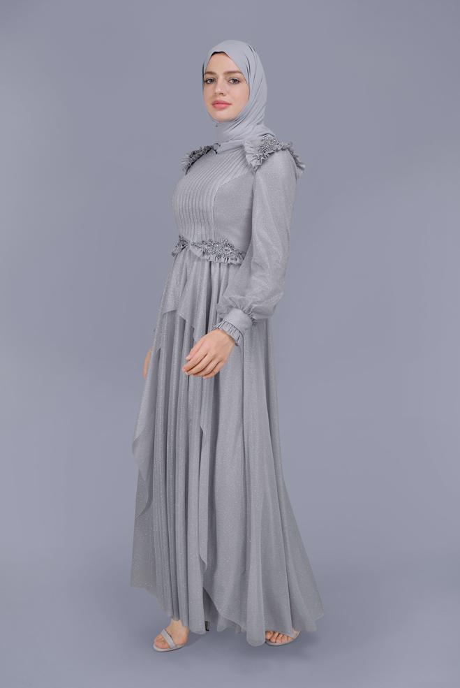 Female Grey BEADED SILVERY EVENING DRESS 50123 