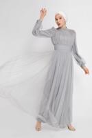 Female Grey EMBROIDERY DETAIL TULLE EVENING DRESS 50141 