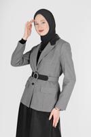GINGHAM PATTERN LEATHER DETAIL BELTED JACKET 42166 