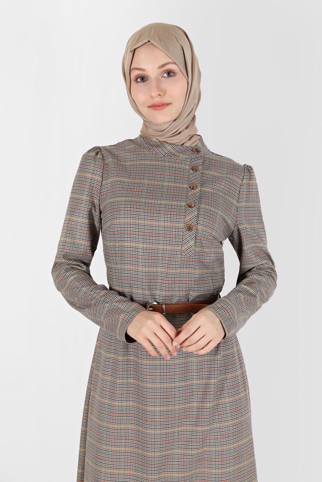 Femelle BEIGE ROBE À CARREAUX DÉTAIL BOUTONS 42238