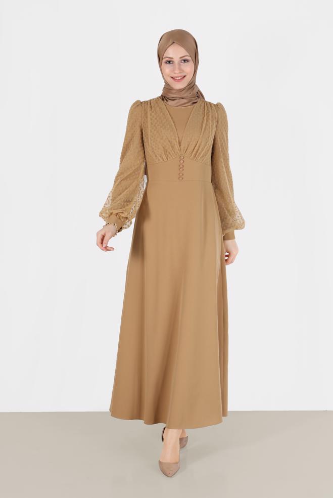 Femelle BEIGE ROBE BOUTONNÉE À POIS ET TULLE 42334
