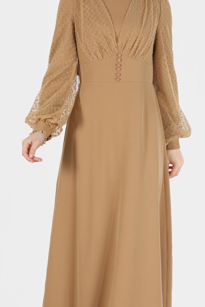 Femelle BEIGE ROBE BOUTONNÉE À POIS ET TULLE 42334