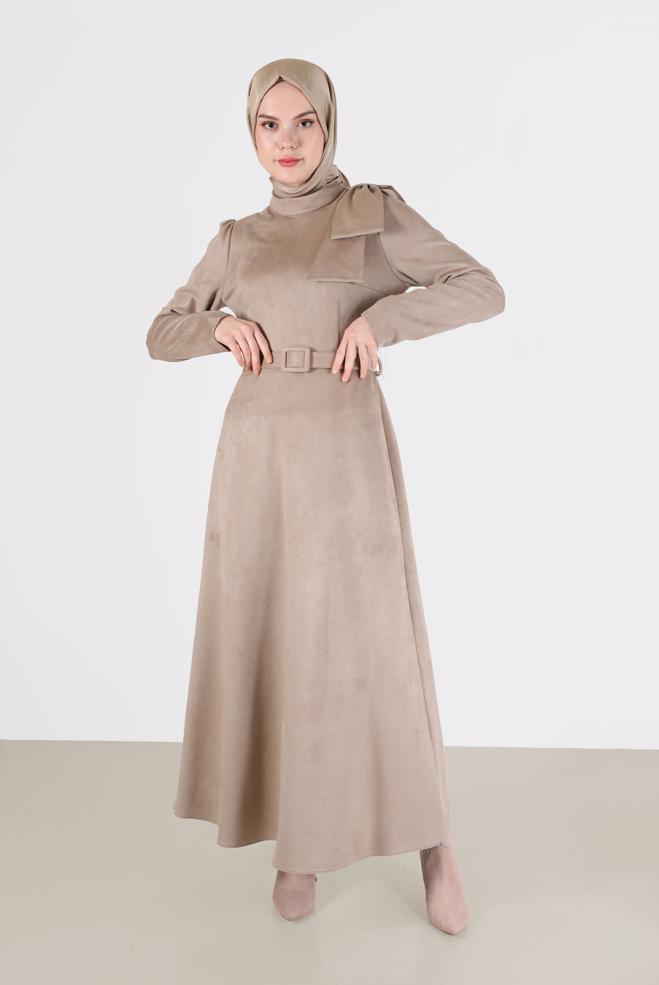 Femelle BEIGE ROBE EN DAIM CEINTURÉE DÉTAIL RUBAN 42385