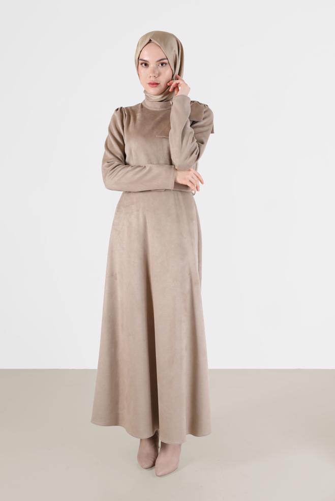 Femelle BEIGE ROBE EN DAIM CEINTURÉE DÉTAIL RUBAN 42385