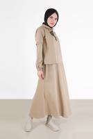 Femelle BEIGE ENSEMBLE DE SURVÊTEMENT JUPE 2 PIÈCES À COL COL CHEMISIER AVEC OEILLETS 42347