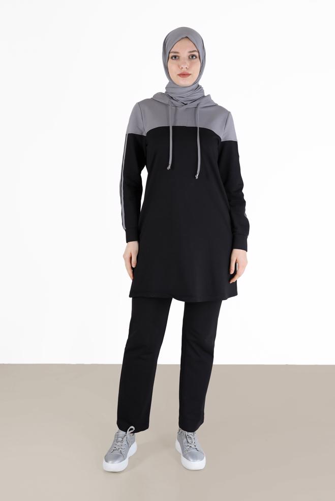 Femelle NOIR ENSEMBLE DE SURVÊTEMENT À CAPUCHE 2 COULEURS AVEC PANTALON 42349
