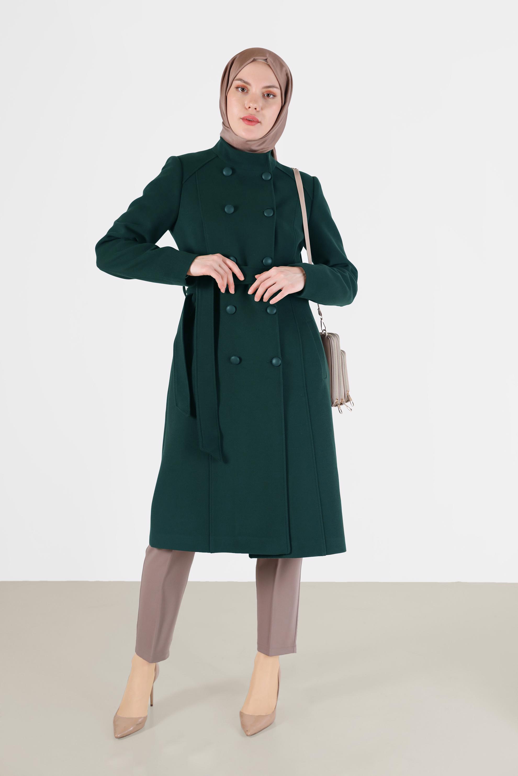 Hijab clothing GREEN BUTTON DETAIL BELTED COAT 90255