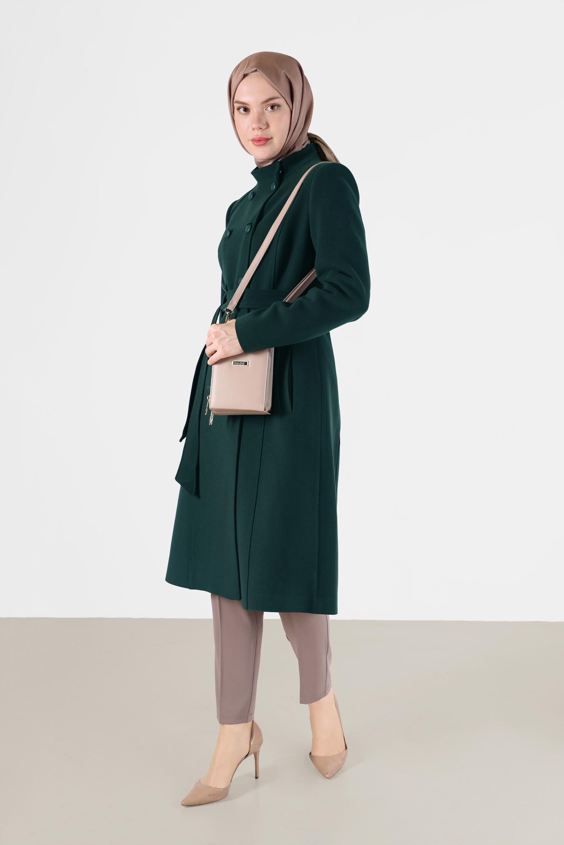 Hijab clothing GREEN BUTTON DETAIL BELTED COAT 90255