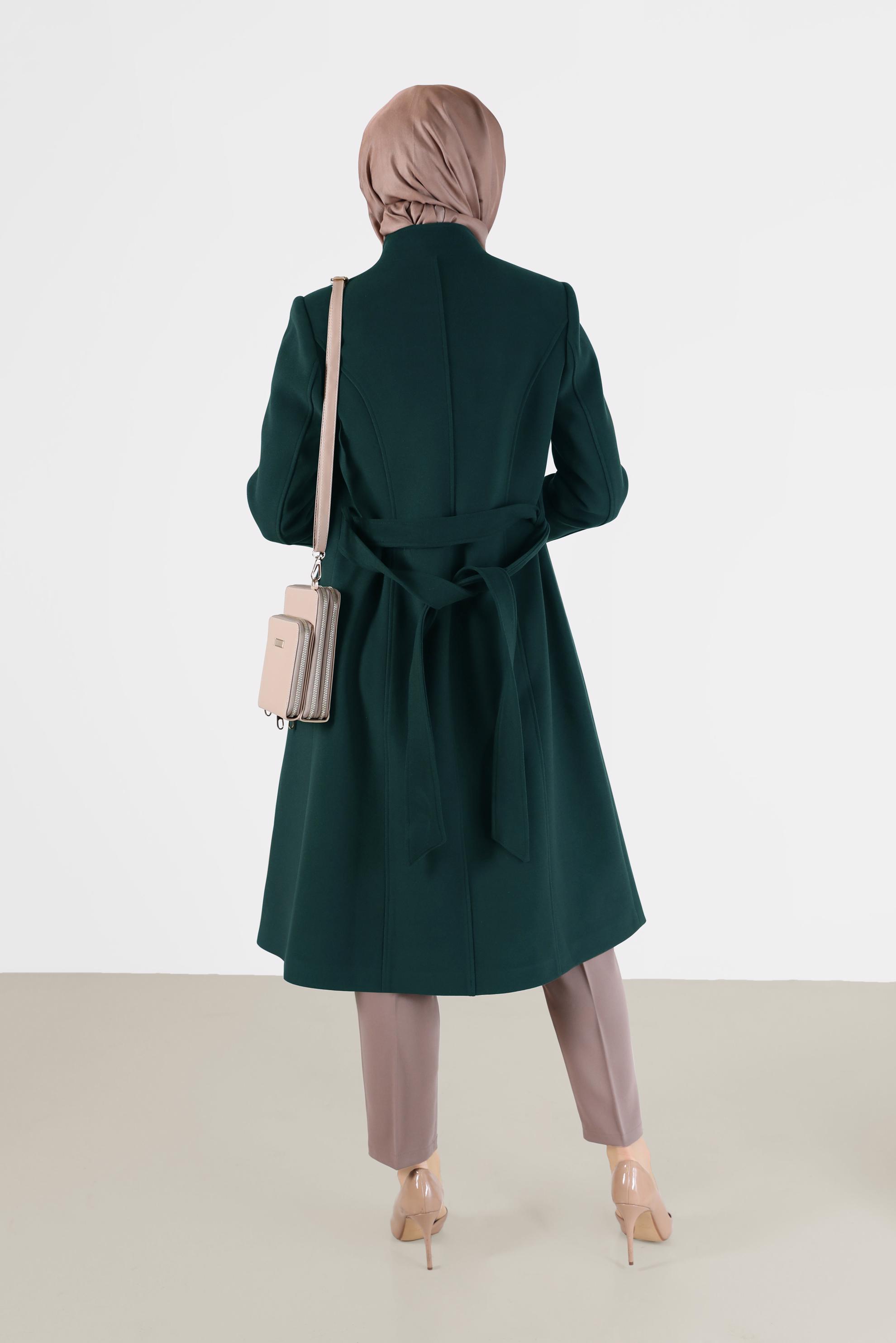 Hijab clothing GREEN BUTTON DETAIL BELTED COAT 90255