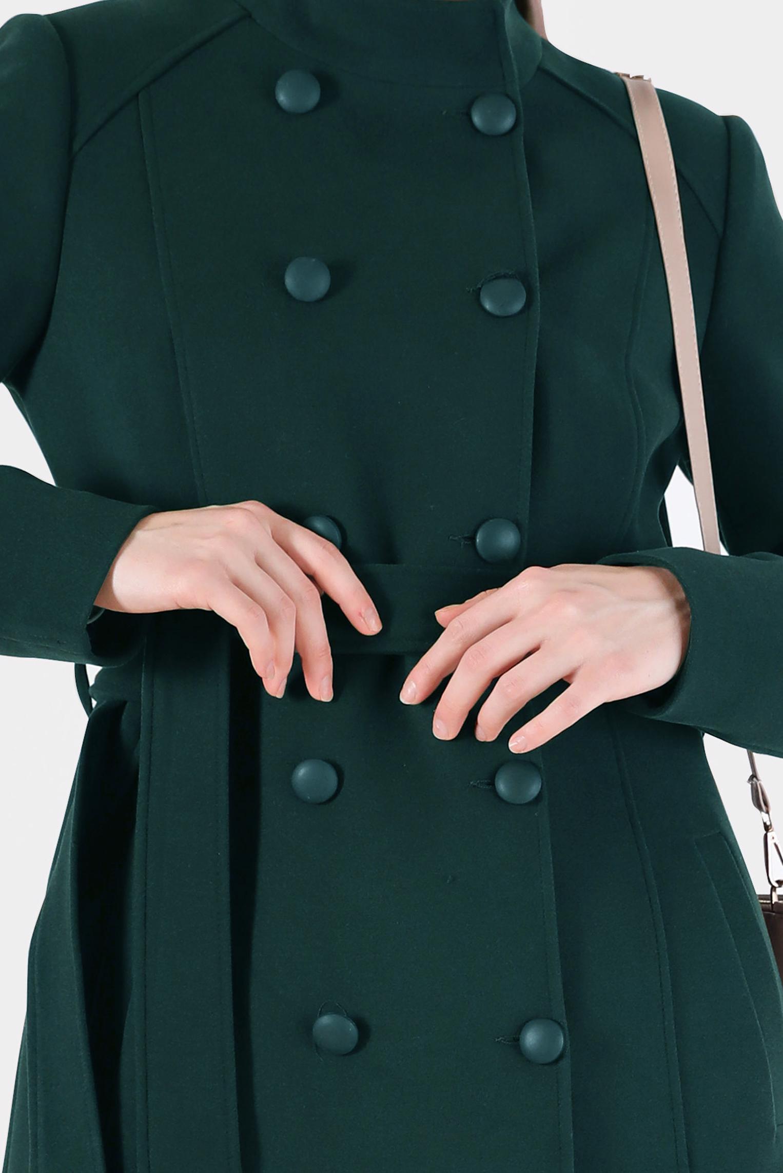 Hijab clothing GREEN BUTTON DETAIL BELTED COAT 90255