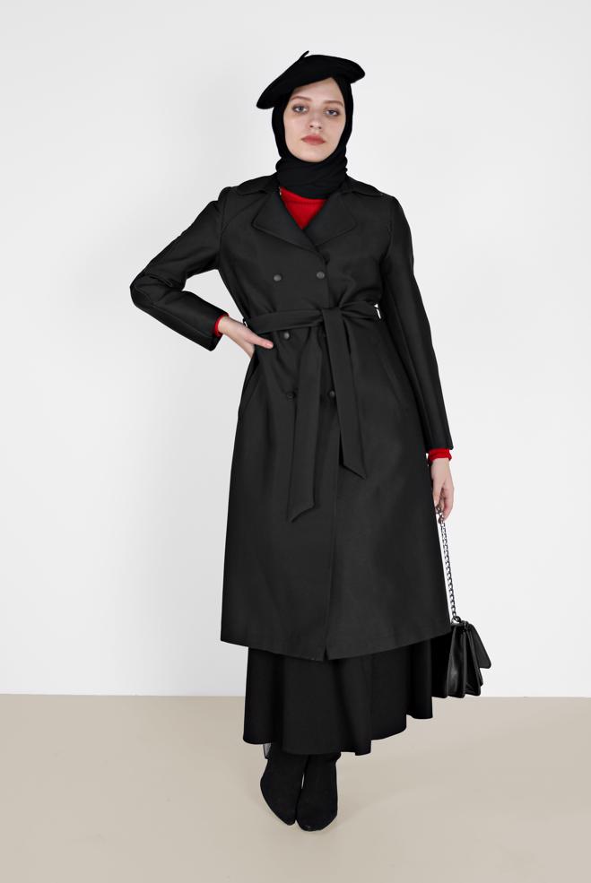 Female black DOUBLE-BREASTED BELTED TRENCH COAT 10454 