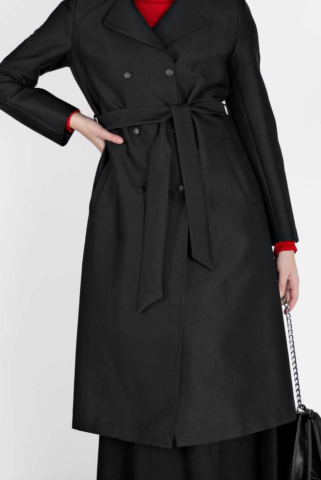 Female black DOUBLE-BREASTED BELTED TRENCH COAT 10454 