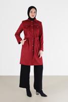 Female red STUD DETAIL BELTED SUEDE TRENCH COAT 10457 