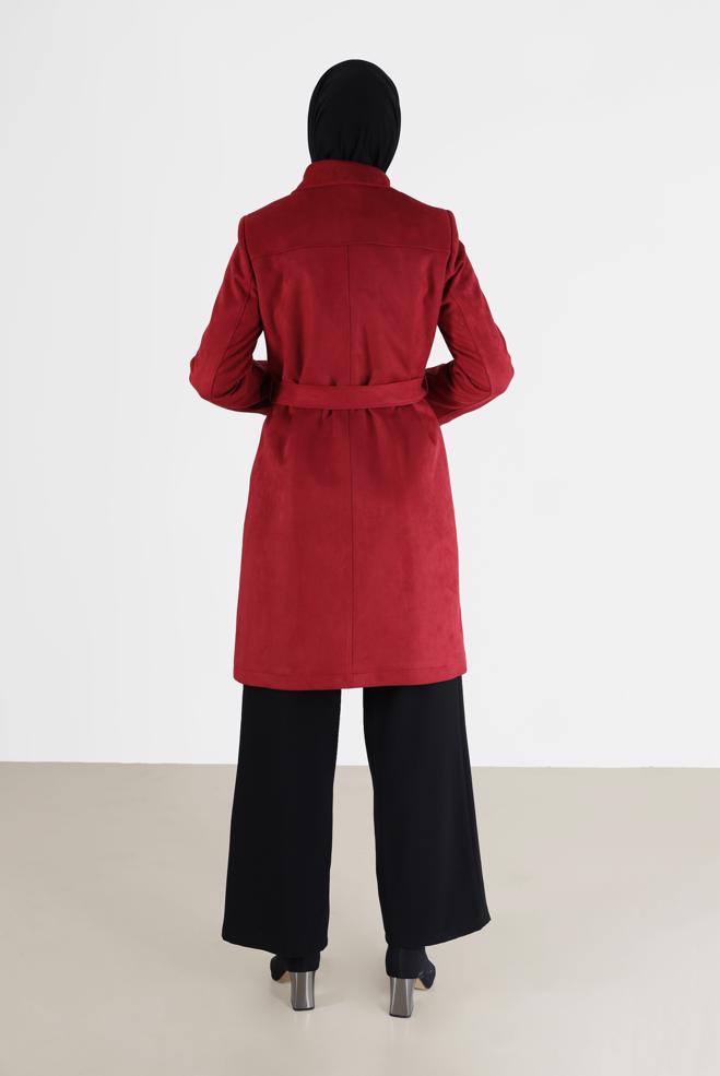 Female red STUD DETAIL BELTED SUEDE TRENCH COAT 10457 