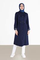 Female Navy blue GATHERED WAIST HOUNDSTOOTH TEXTURE DETAIL TRENCH COAT 10466 