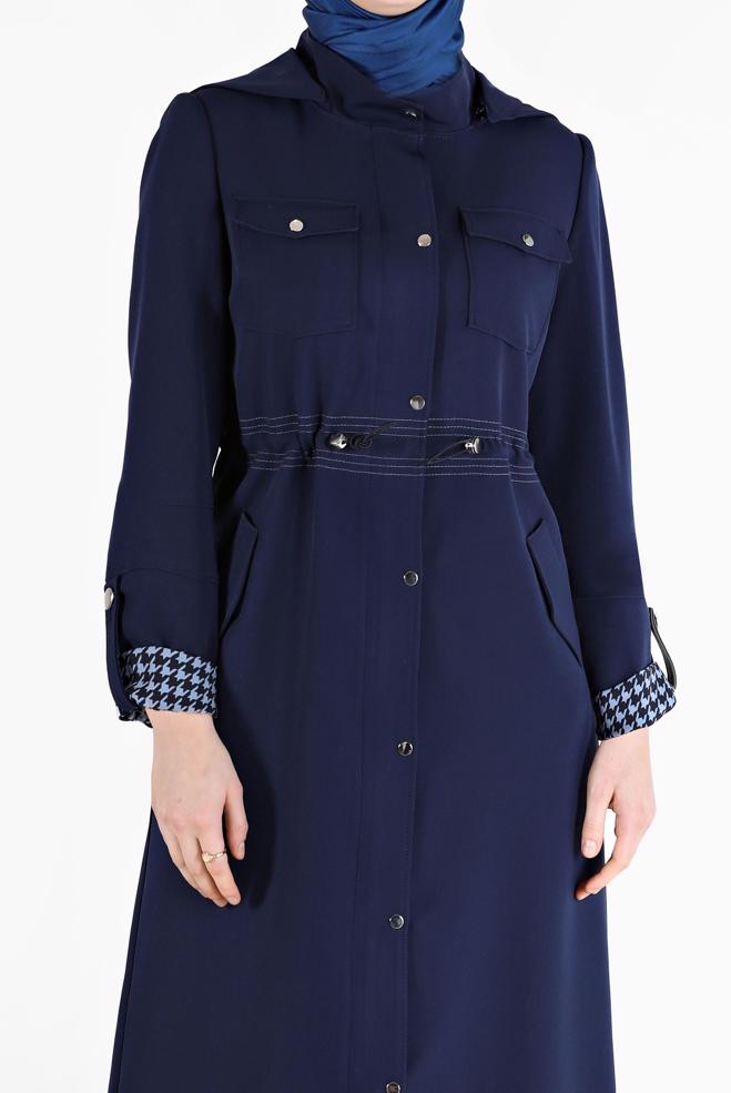 Female Navy blue GATHERED WAIST HOUNDSTOOTH TEXTURE DETAIL TRENCH COAT 10466 