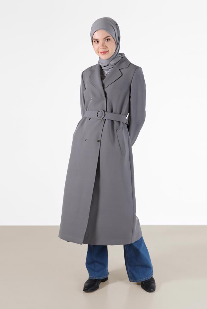Female Grey LEOPARD PATTERN DETAIL CLASSIC COLLAR TRENCH COAT 10477 