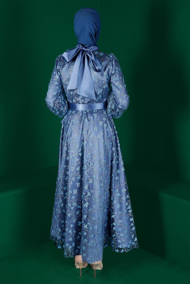 Female blue FLORAL PATTERN BELTED EVENING DRESS 50266 