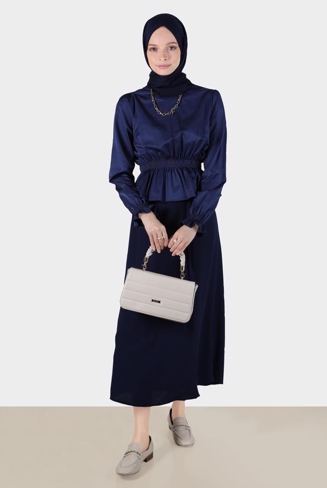Female Navy blue BLOUSE WITH ELASTIC CUFFS AND WAIST 42762 