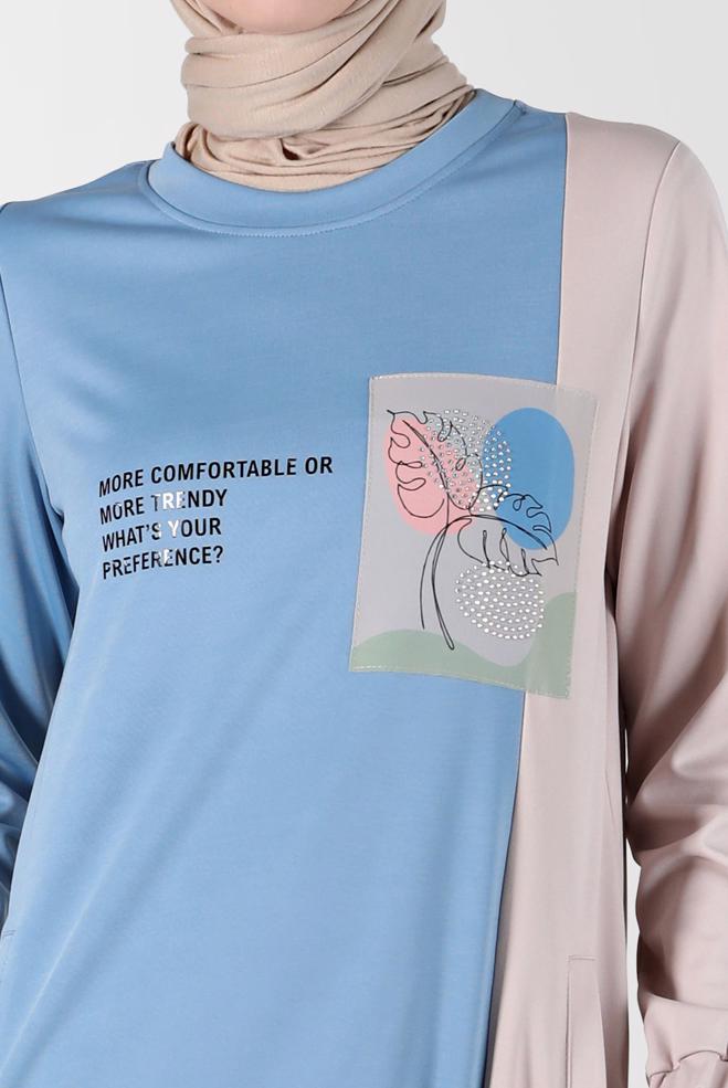 Femelle BLEU ROBE DE SURVÊTEMENT BICOLORE DÉTAIL SLOGAN 42679