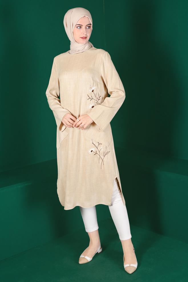 Female beige FLORAL EMBROIDERED TUNIC WITH POCKET 42834 