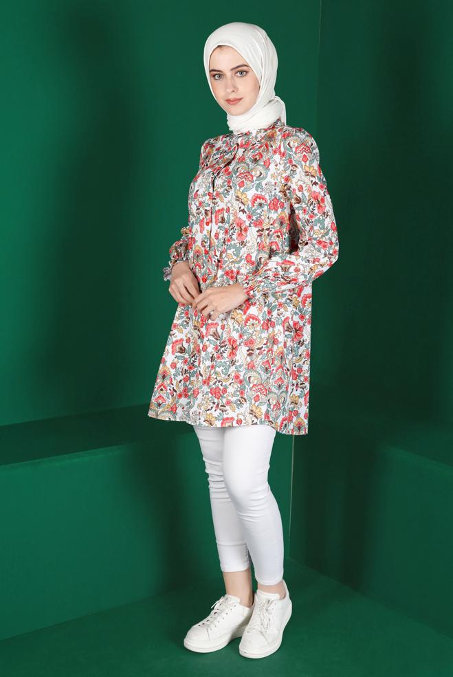 Female green FLORAL PATTERN BUTTONED TUNIC 42912 
