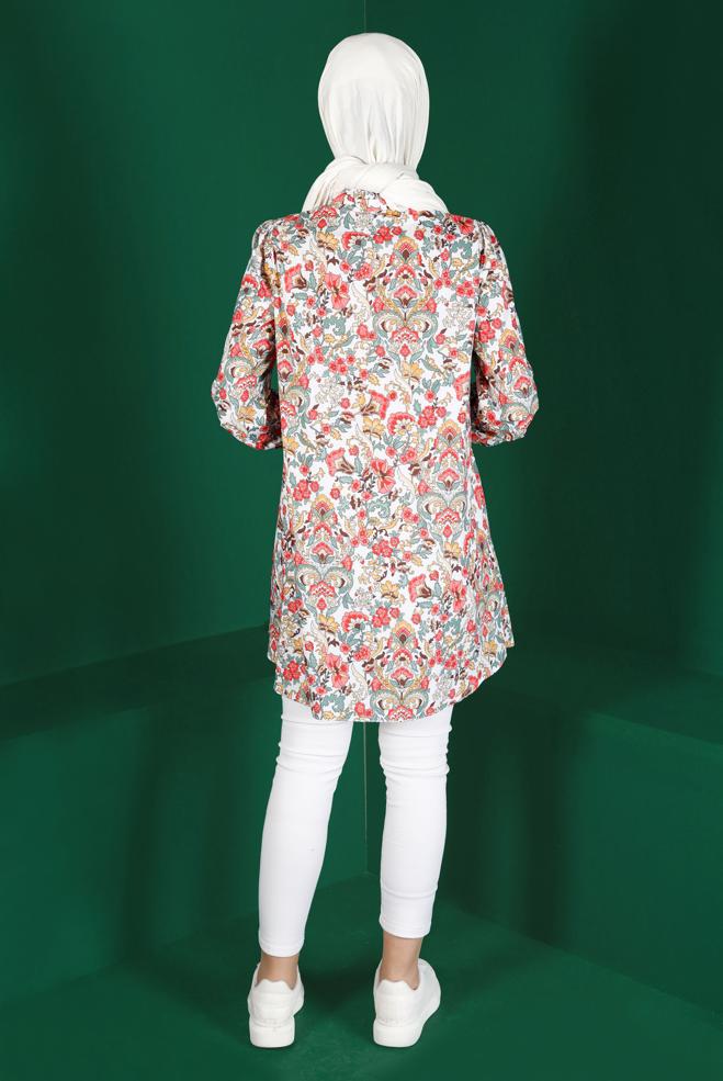Female green FLORAL PATTERN BUTTONED TUNIC 42912 