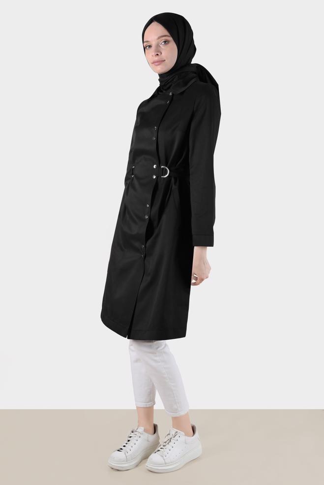 Female black BELTED SNAPPED TRENCH COAT 10598 