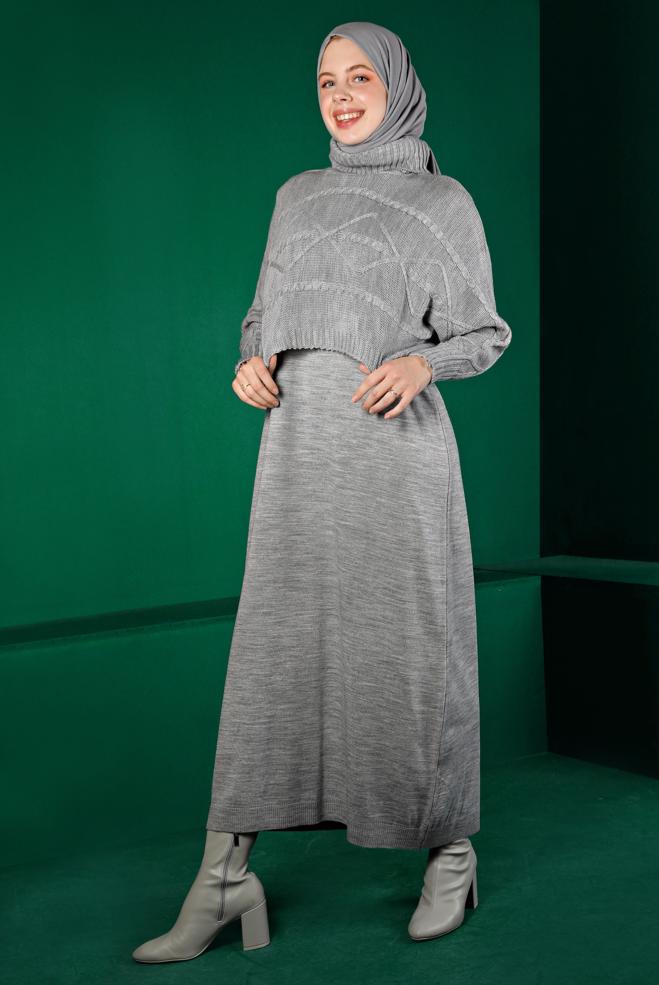 Female Grey TURTLENECK PATTERNED KNITWEAR 2-PIECE DRESS 43204
