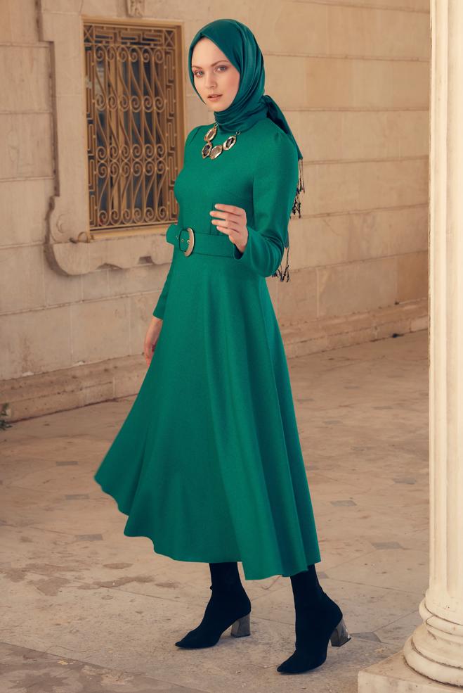 Female green BELTED FLARED DRESS 43316 