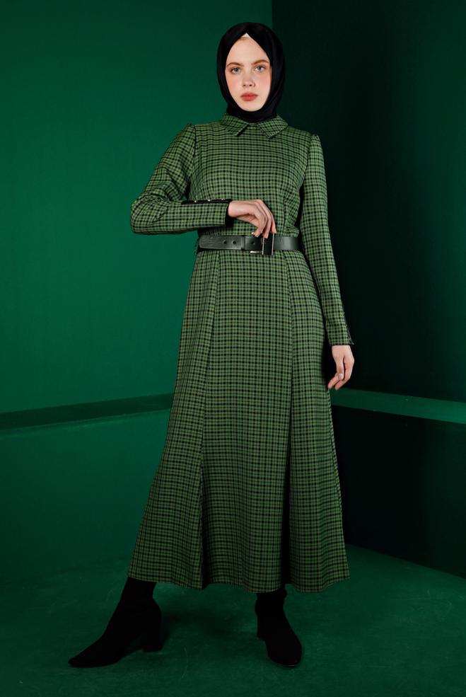 Female green CHECKED DRESS WITH BUTTONED CUFFS 43370 