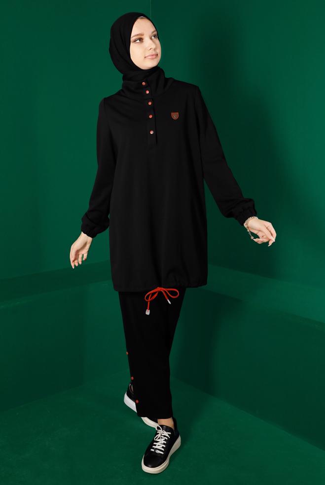 Femelle NOIR ENSEMBLE PANTALON 2 PIÈCES AVEC BAS SMOCKÉ 43340