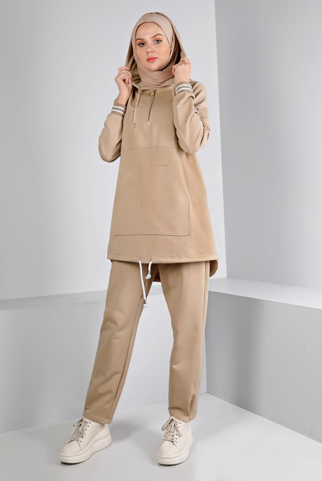 Femelle BEIGE ENSEMBLE SURVÊTEMENT CÔTELÉ À CAPUCHE 43343