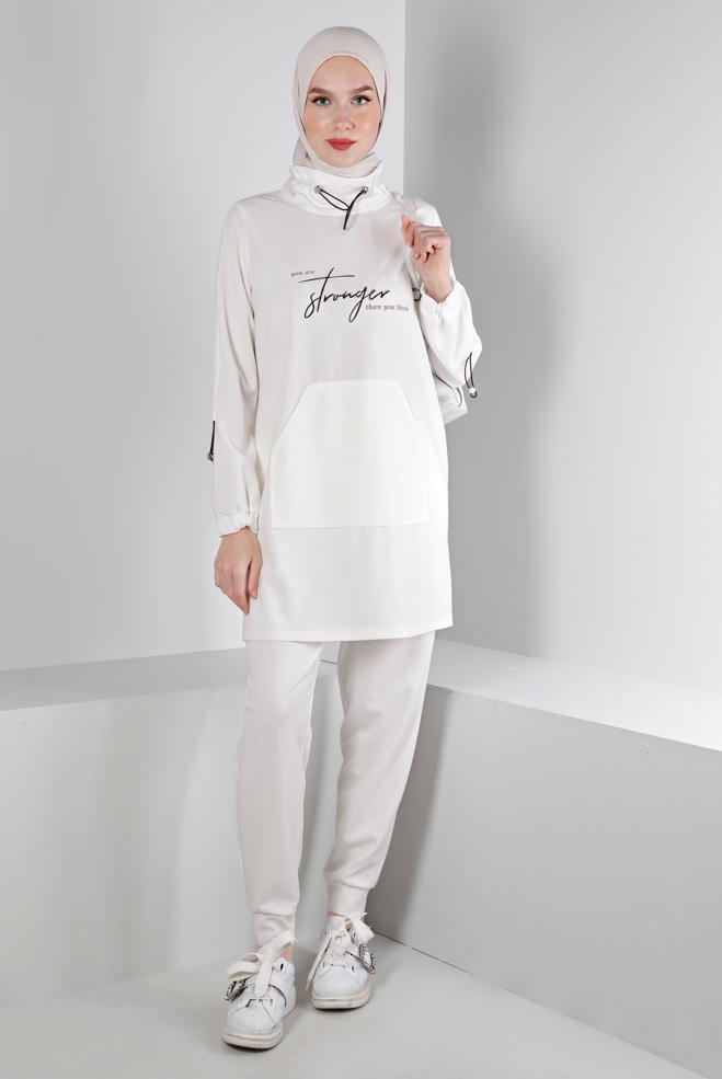 Femelle BLANC ENSEMBLE SURVÊTEMENT 2 PIÈCES IMPRIMÉ COL SMOCKING 43365
