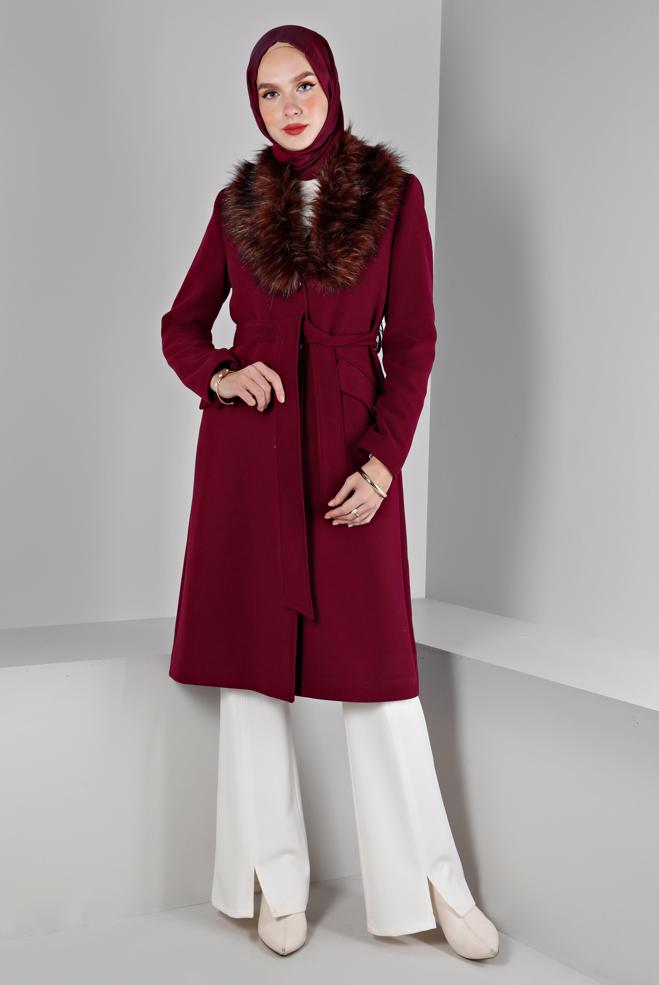 Femelle Prune MANTEAU FOURRÉ AVEC CEINTURE 90377