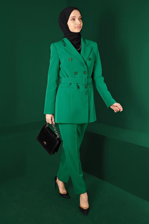 Female  BUTTONED BELTED 2-PIECE PANTS SUIT 30304